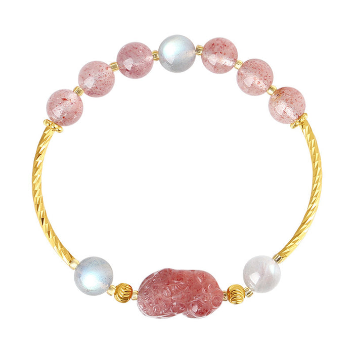 Strawberry Quartz Pixiu & Moonstone Bracelet–Fortune, Love & Emotional Harmony
