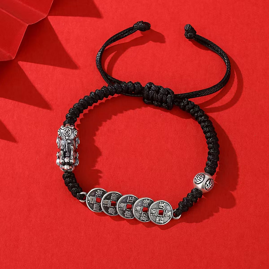 Fortune Lock – Pixiu Five Emperor Coins Silver Cord Bracelet