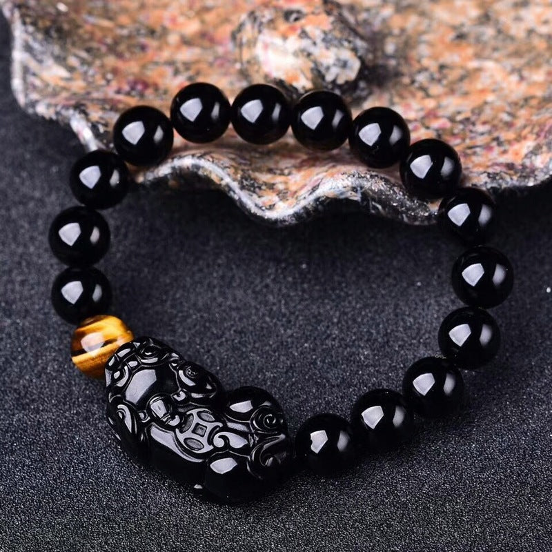 Natürlicher Regenbogen Obsidian Pixiu Gelb Tigerauge Perlen Schutz Armband