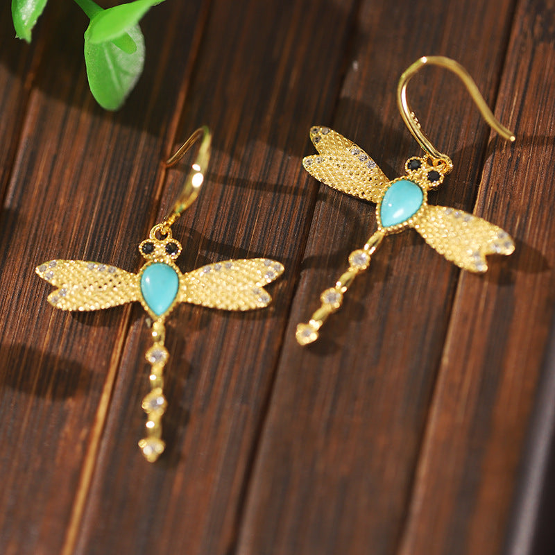 Dragonfly Turquoise & Red Agate Drop Earrings-Grace in Flight