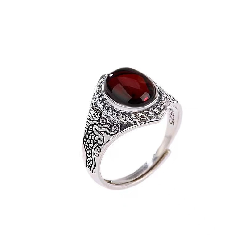 Zodiac Dragon Red Amber Silver Ring-Luck Prosperity