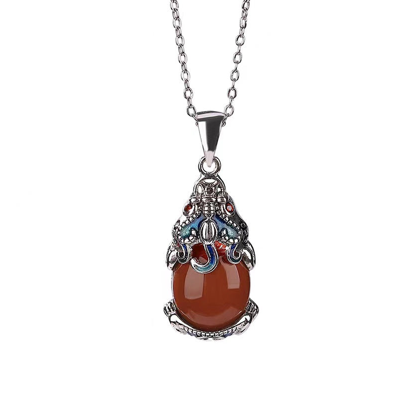 Wealth Pixiu Red Amber Silver Necklace-Attract Luck