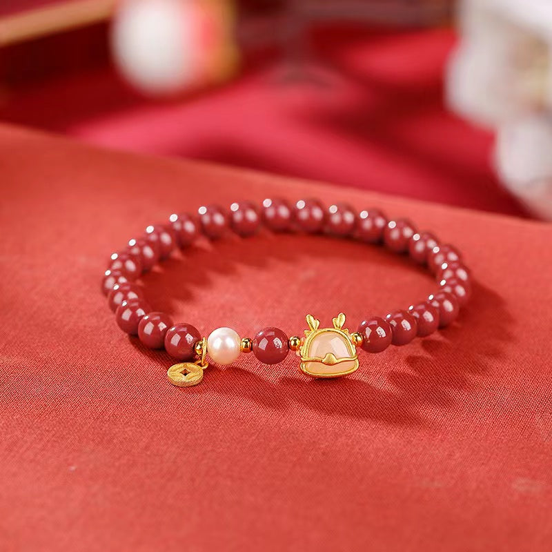 Wealth Dragon Jade Bracelet-Cinnabar Beads