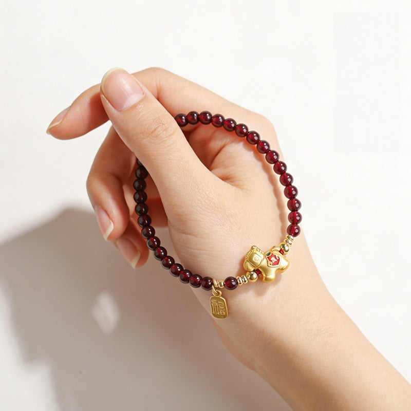 Gold-Plated Silver Lucky Horse Garnet Bracelet-Steady Beyond Obstacles