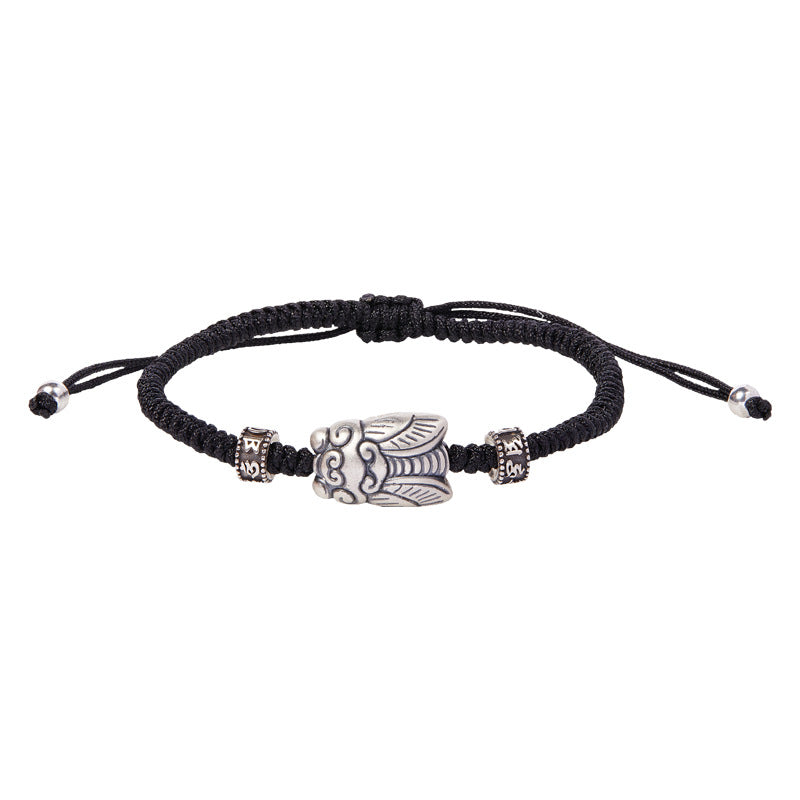 Sterling Silver Cicada Bracelet – Handwoven Cord with Vintage Finish
