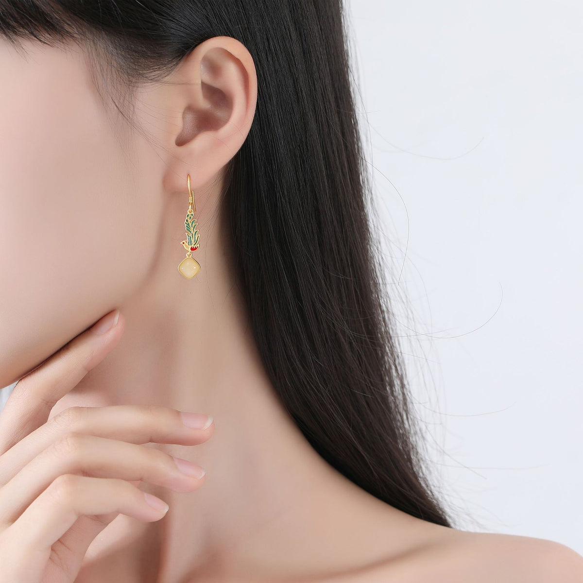 Peacock Nephrite Jade & Red Agate Drop Earrings-A Bright Future