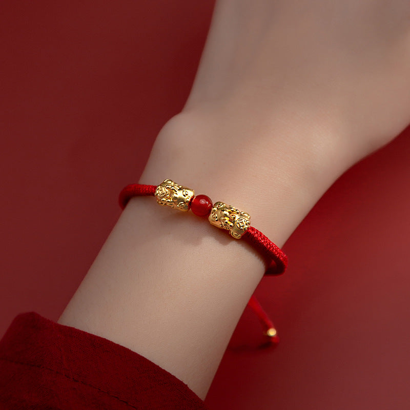 Auspicious Protection-Dual Pixiu Red Agate Red Cord Bracelet
