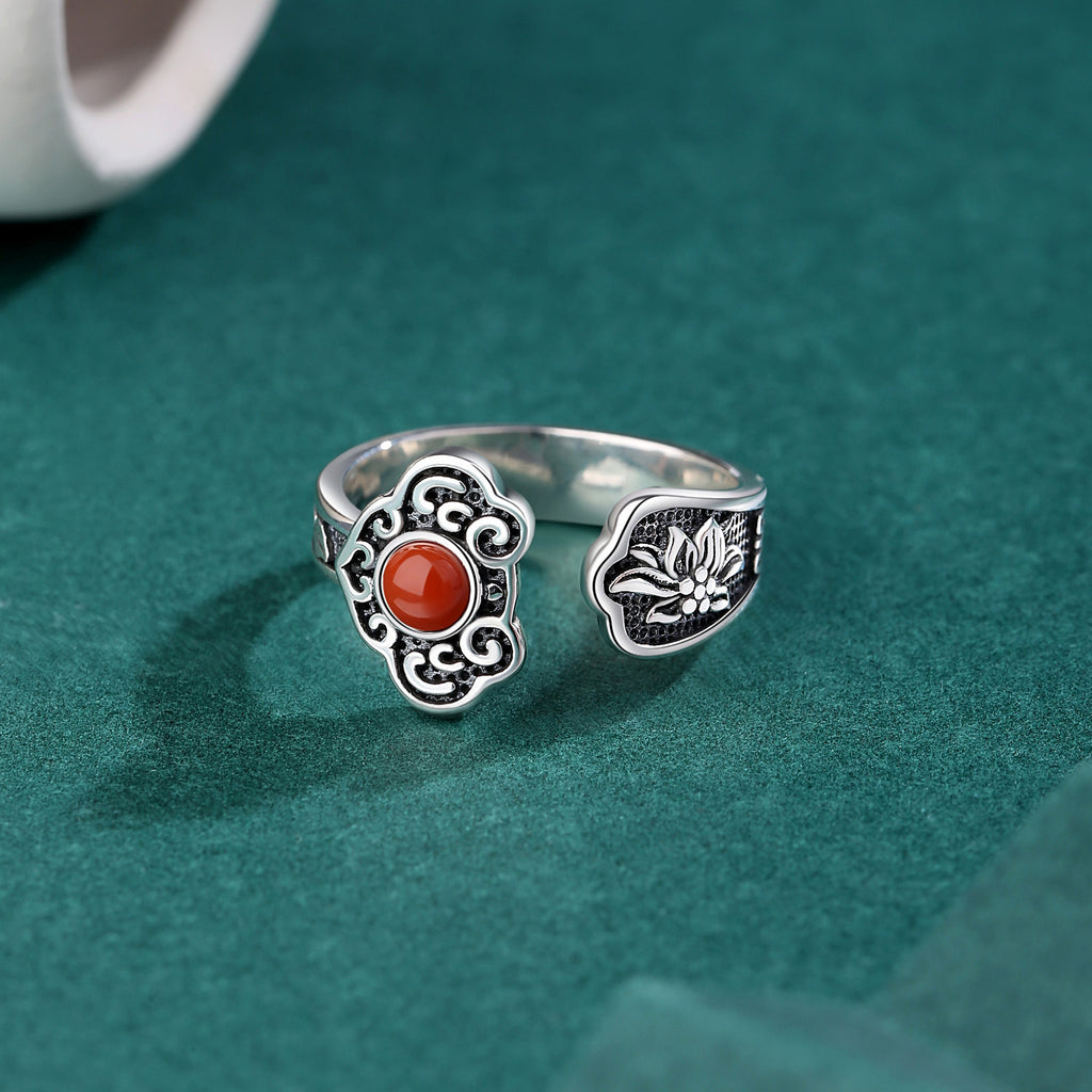 Graceful Auspicious Cloud-Lotus Inlaid Red Agate Silver Ring