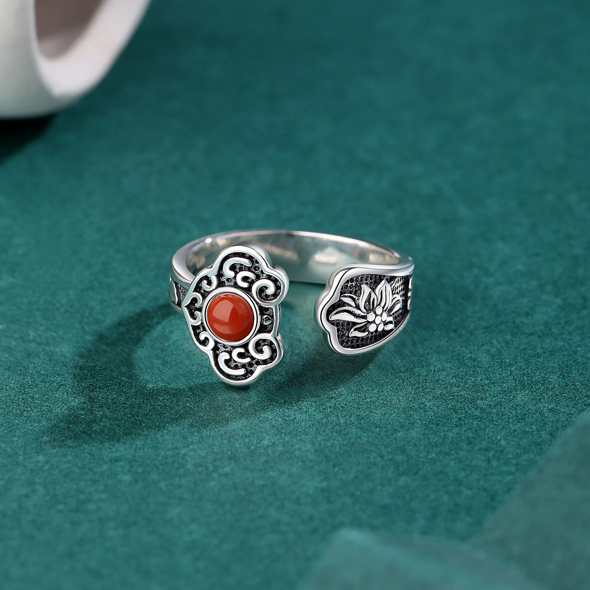 Graceful Auspicious Cloud-Lotus Inlaid Red Agate Silver Ring