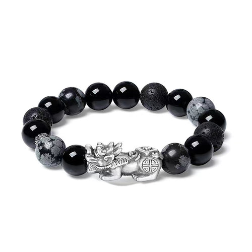 999 Silver Pixiu Obisidian Men`s Bracelet-Attract Luck