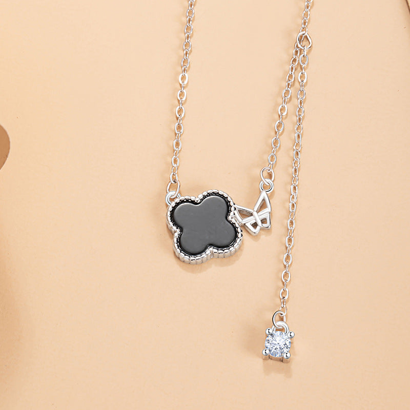 Clover and Butterfly Black Agate Necklace-A Tender Promise