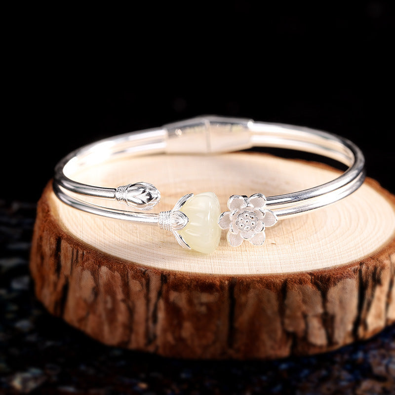 Quiet Renewal-Jade Lotus 925 Sterling Silver Bangle
