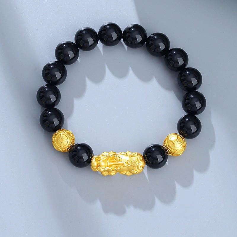 Pixiu Gold-Tone and Obsidian Beaded Bracelet-Welcoming Fortune）