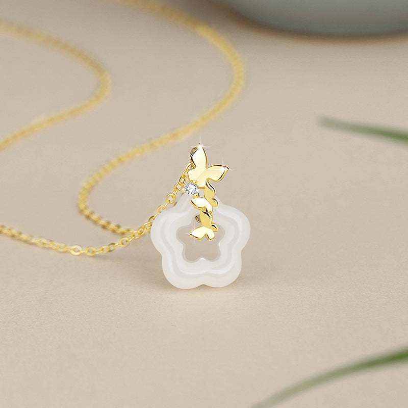 Butterfly Blossom White Nephrite Jade Pendant Necklace-Grace in Bloom