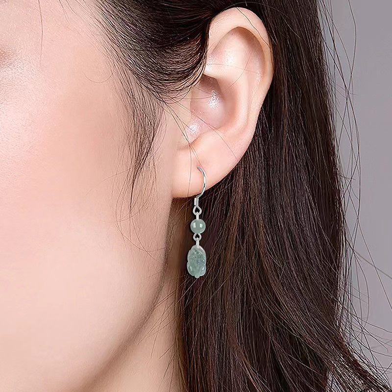 Pixiu Lucky Earrings-Natural Ice Jade/Pi Yao