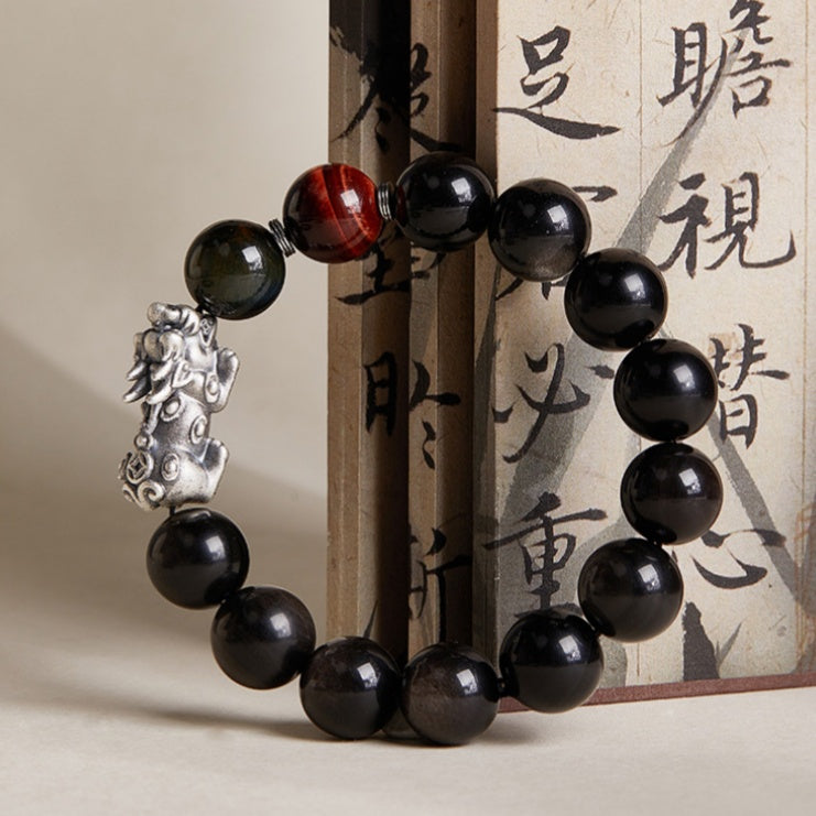Pixiu Fine Silver and Silver Sheen Obsidian Beaded Bracelet-Grounding Strength