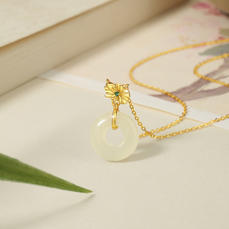 Lotus Nephrite Jade Peace Disc Necklace-Purity and Grace