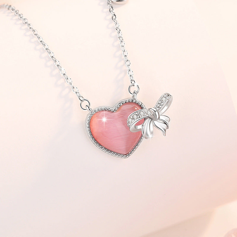 Heart and Bow Sterling Silver Necklace-You Make Me Flutter