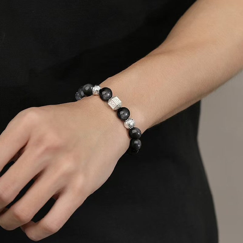 Tibetan Six True Words Obsidian Men`s Bracelet-Protection&Luck