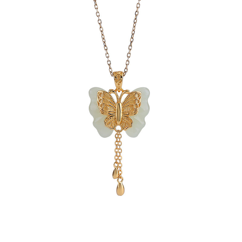 Nephrite Jade Butterfly Gold-Plated S925 Silver Necklace-Gentle Renewal