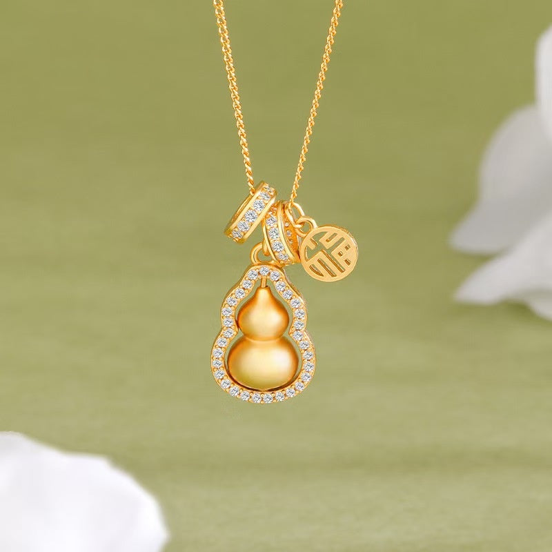 18K Gold-Plated Silver Fortune Gourd Pendant Necklace – Rotatable Design for Elegance & Blessings