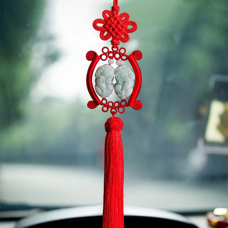 Double Pixiu Auto Hanging Ornament-Natural Jade