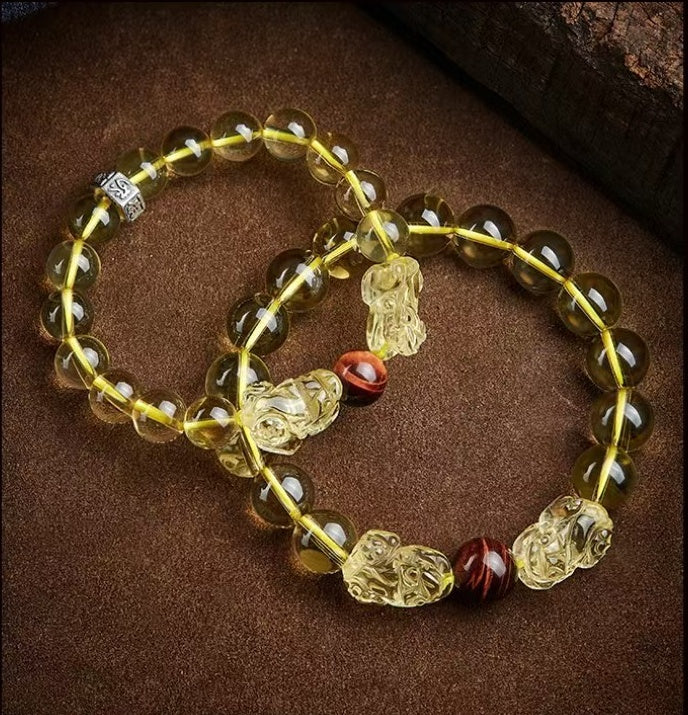 Natural Citrine Double Pixiu Tiger`s Eye Wealth Bracelet