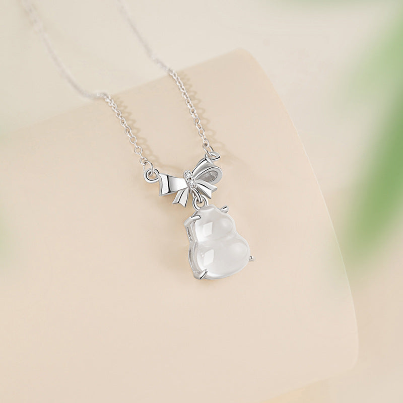 Gourd Jade Stone Silver Necklace-Blessings Tied Close