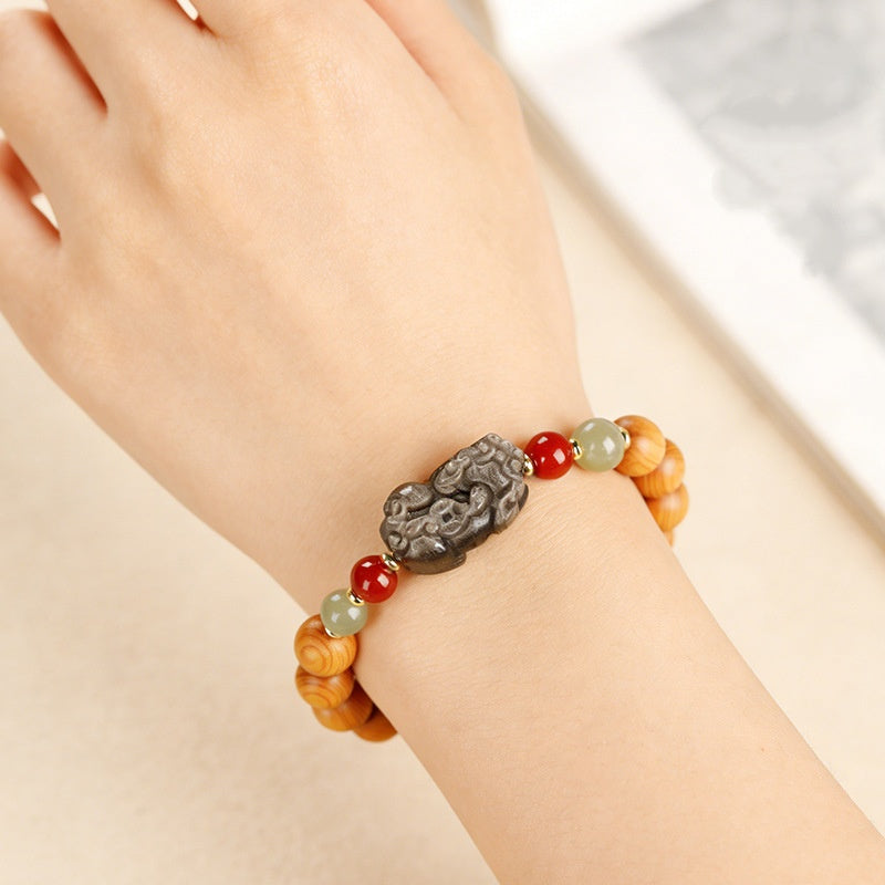 Thujawood Bracelet with Silver Obsidian PiXiu-Calm Strength & Wealth Protection