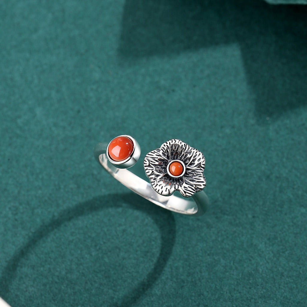 Persimmon Blossom Red Agate S925 Silver Ring-A Warm Little Bloom