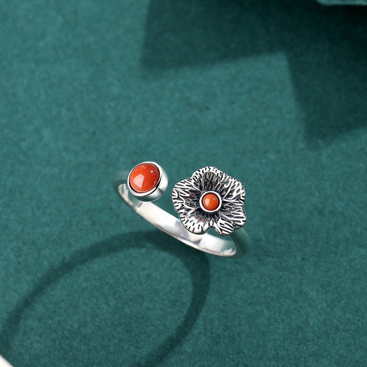 Persimmon Blossom Red Agate S925 Silver Ring-A Warm Little Bloom