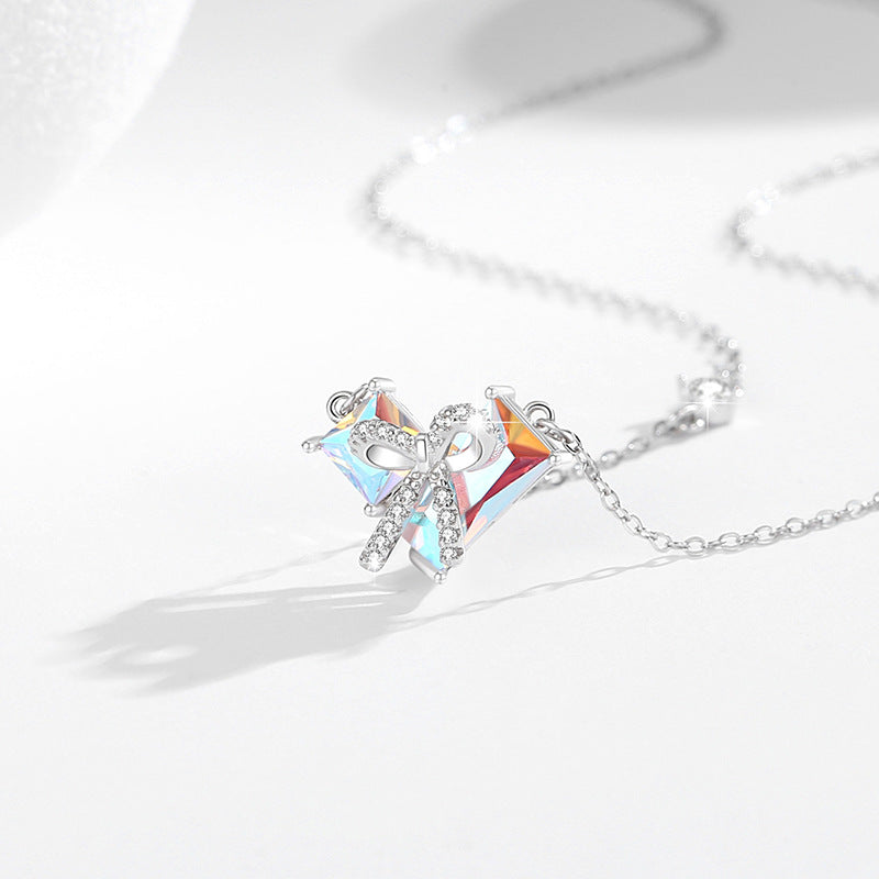 Bow and Heart Sterling Silver Necklace-Sweet Romance