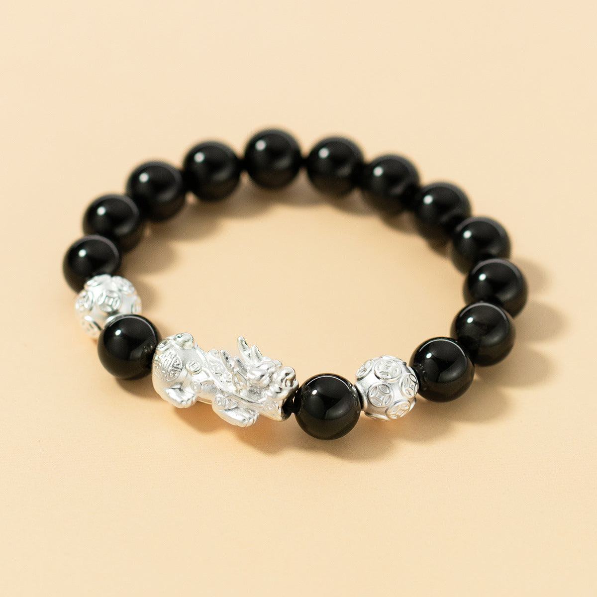Prosperity & Protection-Pixiu Coin Obsidian Fine Silver Bracelet  Product