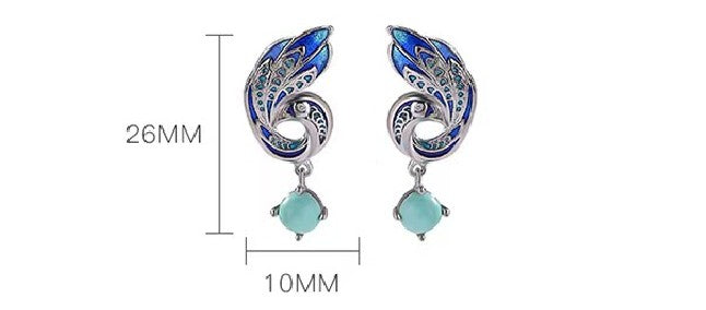 Enamel Phoenix Turquoise Silver Earrings-Protection and Luck