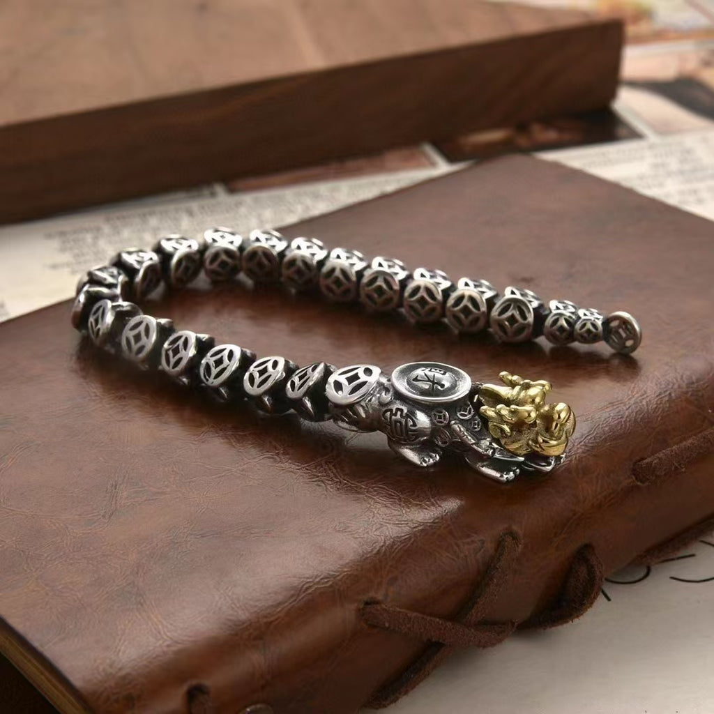 Vintage Silver-Plated Pixiu Coin Bracelet – Bold Design for Wealth & Protection