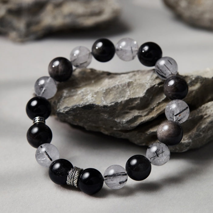 Feather Silver Sheen Obsidian & Black Rutilated Quartz Bracelet-Freedom and Inner Strength