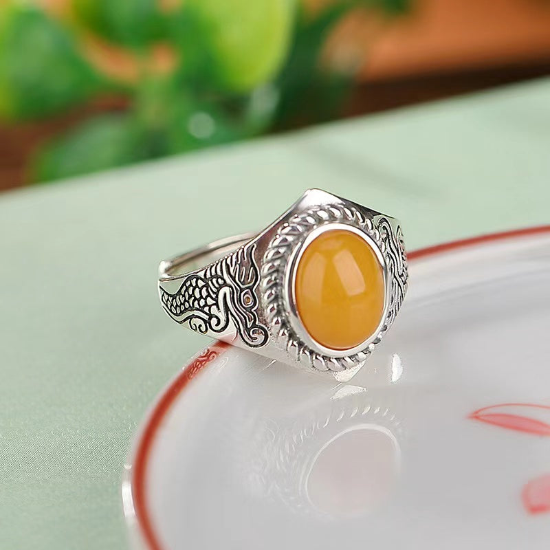 Zodiac Dragon Yellow Amber Silver Women Ring-Luck Prosperity