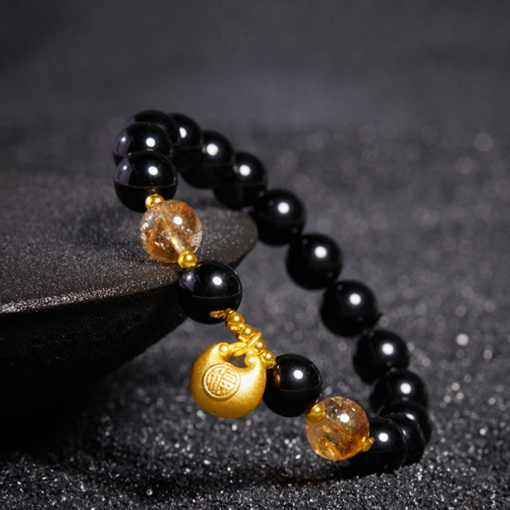 Fu Blessing Obsidian and Yellow Phantom Quartz Bracelet-Steady Fortune and Calm