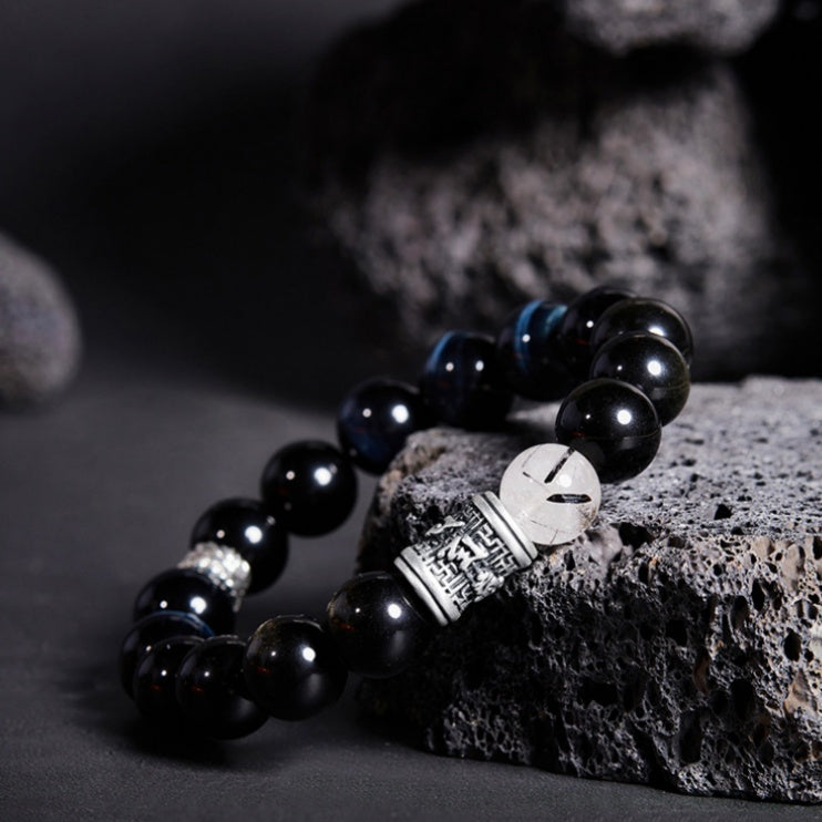 Peace and Protection-Six-Syllable Mantra Gold Sheen Obsidian Beaded Bracelet