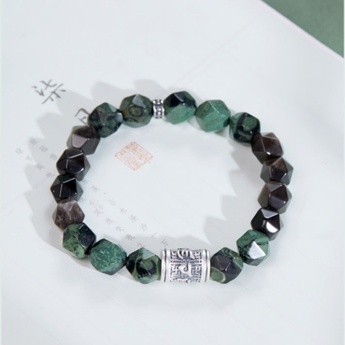 Six-Syllable Mantra Silver Sheen Obsidian Bracelet-Peaceful Balance