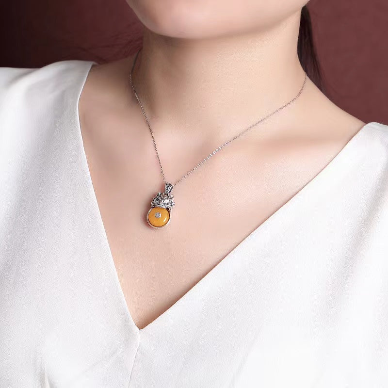 Zodiac Dragon Amber Silver Necklace-Luck Prosperity