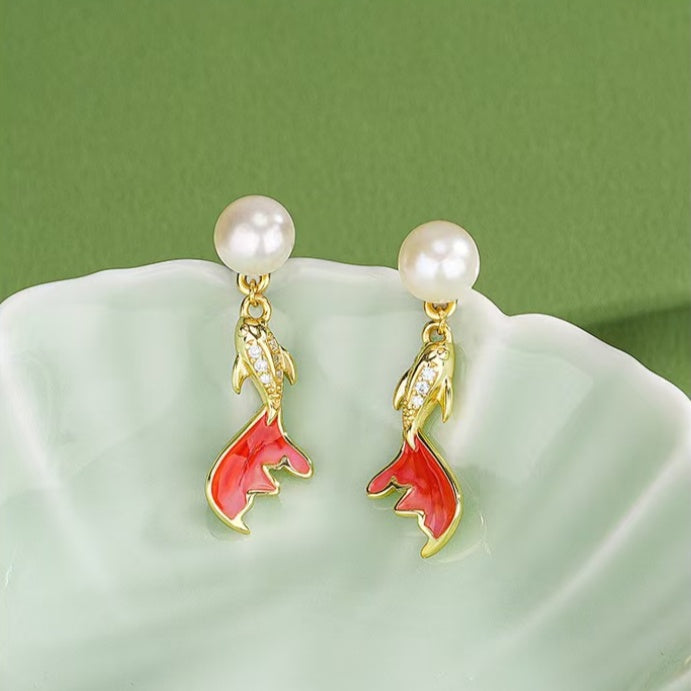 Pearl Koi Fish Drop Earrings – Elegant Gold-Plated Studs with Enamel & Crystals