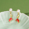 Pearl Koi Fish Drop Earrings – Elegant Gold-Plated Studs with Enamel & Crystals