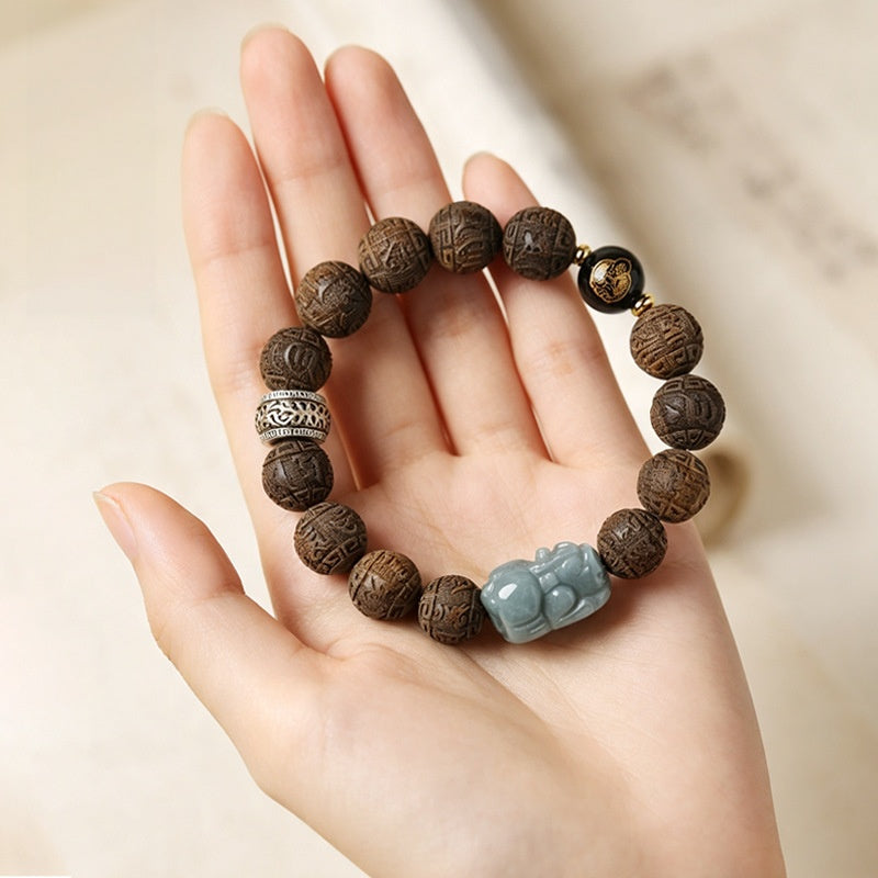 Blue Water Jadeite Pixiu Sandalwood Bracelet-Quiet Resolve