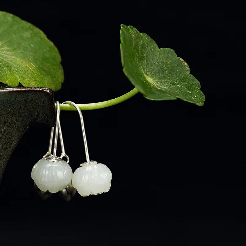 White Jade Lotus Silver Earrings-Inner Peace