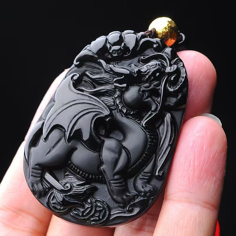 Black Obsidian “Flying Pixiu” Pendant – Hand-Carved Guardian of Wealth & Power