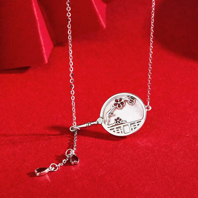 Deluxe 18K Gold Plated 925 Sterling Silver Plum Blossom Fan Pendant Necklace