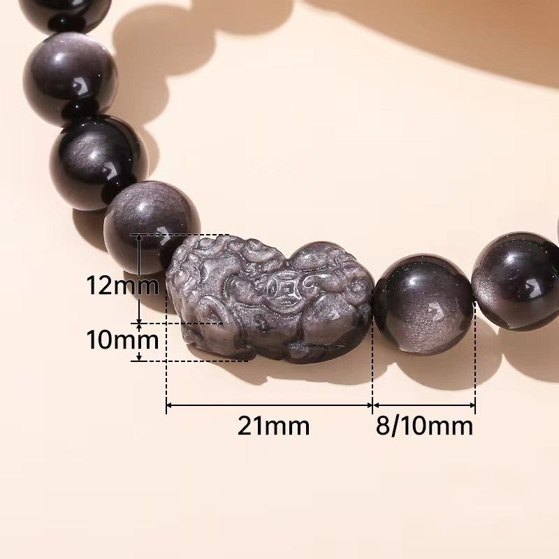 シルバーオブシディアン 貔貅 ブレスレット 24cm シルバーオブシディアン貔貅メンズブレスレット-開運招福