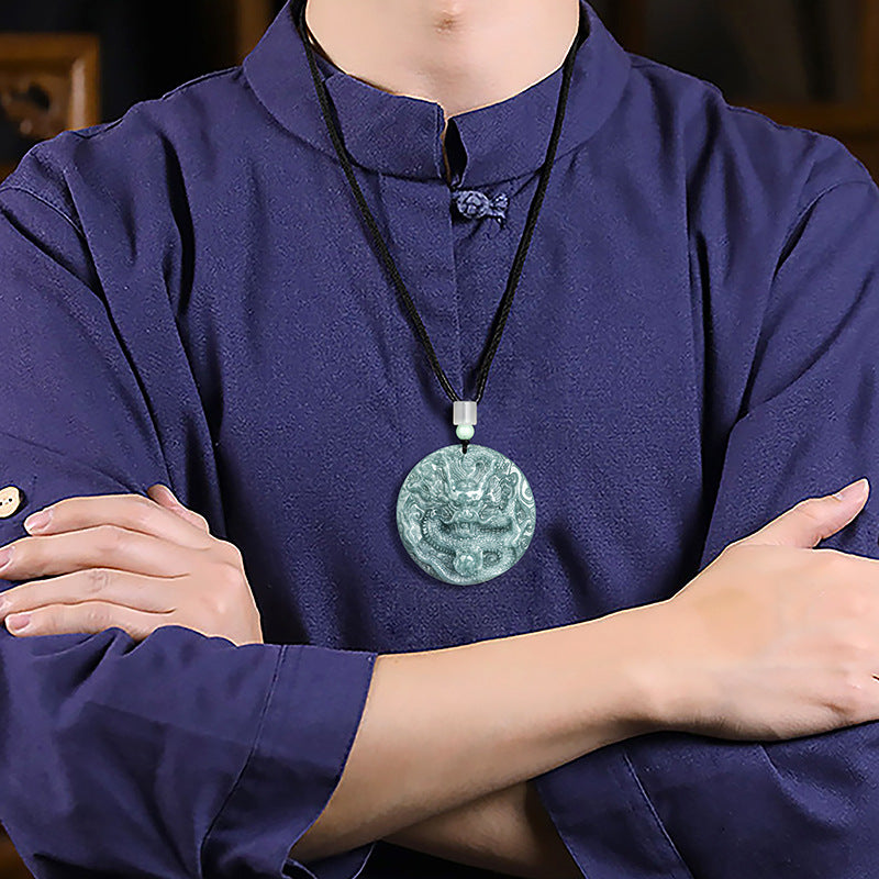 Grade A Blue Jadeite Dragon Pendant – Bold Ice Variety Jade Necklace for Men
