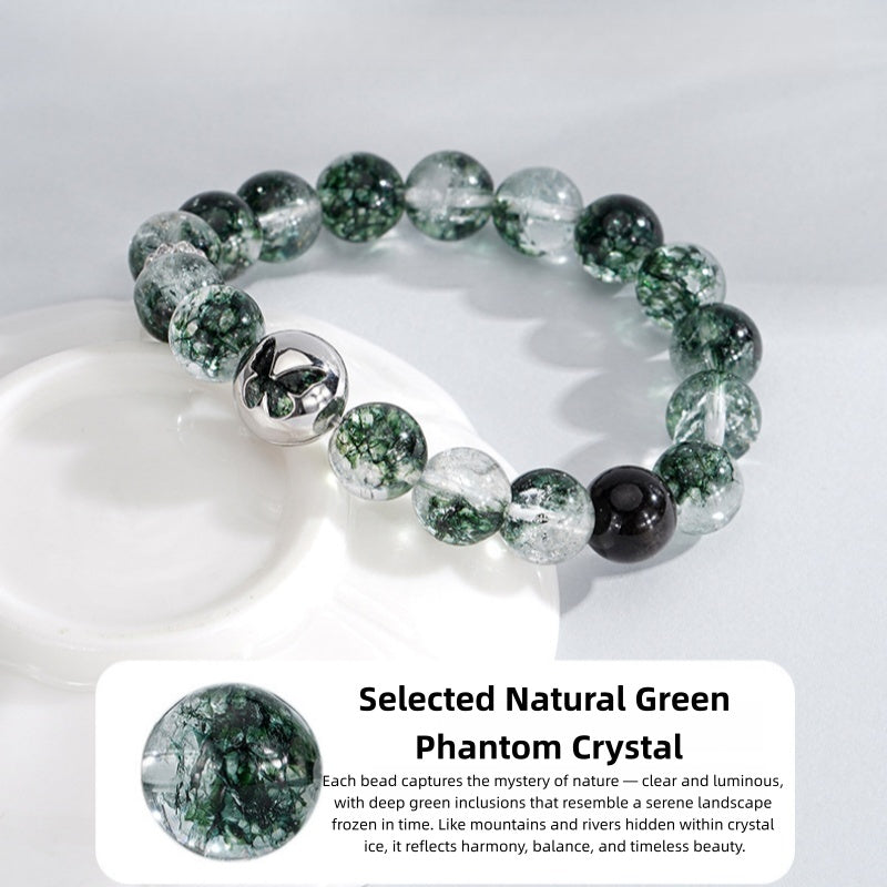 Green Phantom Quartz Bracelet with 925 Silver Butterfly – Crystal of Clarity, Growth & Good Fortune